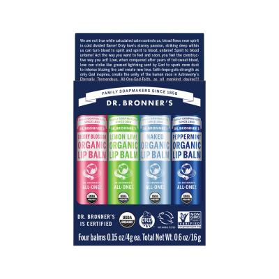 Dr. Bronner's Organic Lip Balm 4g x 4 Pack (contains: Cherry Blossom, Lemon Lime, Naked & Peppermint)